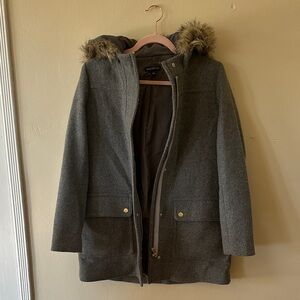 J. Crew Gray Pea Coat with Faux Fur Hood